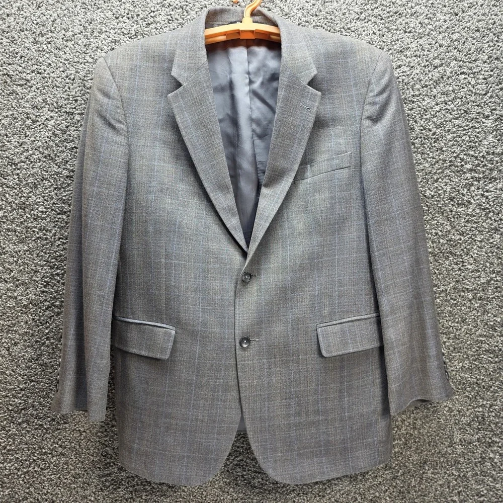 Jos A Bank‎ Blazer Mens 43R Gray Plaid Windowpane Silk Wool Blend Classic Preppy